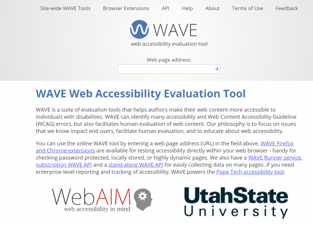 WAVE web accessibility evaluation tool where user enters web address. 